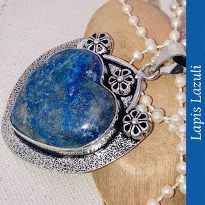 Ravishing Lapis Lazuli Gemstone Handmade Heart Halo Pendant Necklace